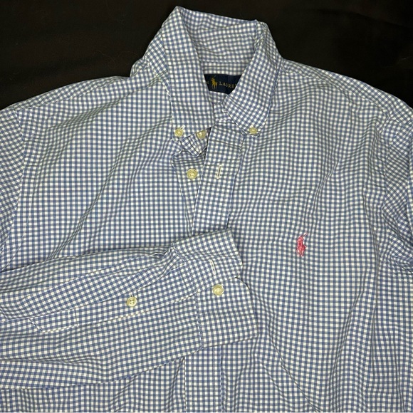 Polo Ralph Lauren Mens M Blue Gingham Check Long Sleeve Button Down Pink Logo - Picture 1 of 7